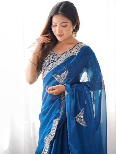 Image of Satrani Women's Tissue Silk Sequin Embroidery Scalloped Border Saree with Unstitched Blouse Piece