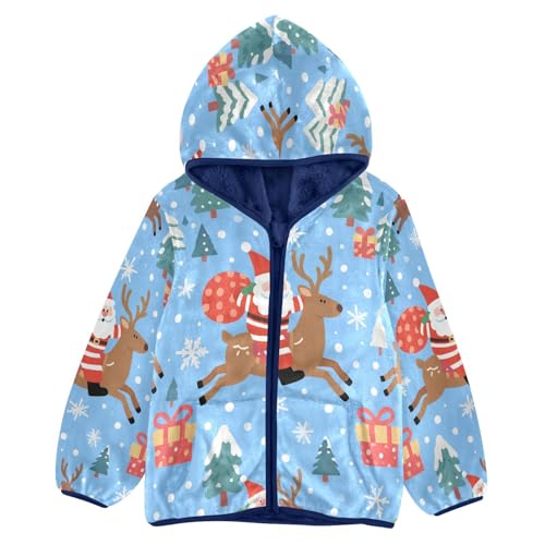 Santa Reindeer Trees Snowflakes Toddler Fleece Jacket Girl Boys Hooded Fleece Jacket Coat Warm Outwear Zip-up 3-10T