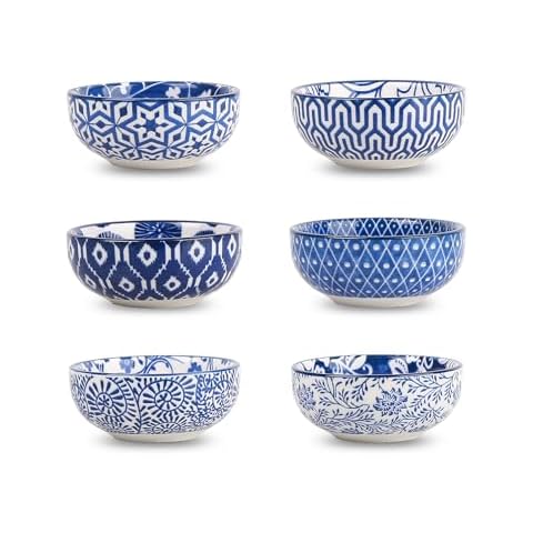 Selamica Ceramic Mini Dipping Bowls 3 inch Soy Sauce Dish Set, 2.7 oz Small Dip Bowl for Side Dish, Appetizers, Sushi, BBQ, Set of 6, Vintage Blue Cover