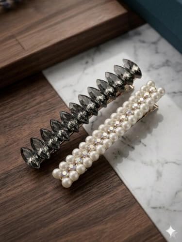 Image of Pearl & Crystal Hair Clips Set for Women, Elegant Rhinestone Barrettes, Stylish Hair Pins for Party, Wedding, Daily Wear - Pack of 2