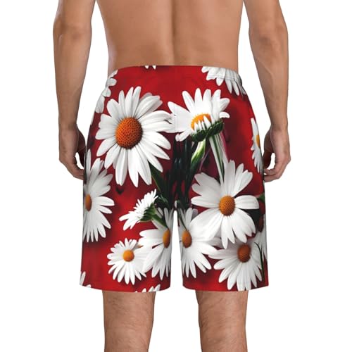 Men's Beach Shorts Swim TrunksFun Patterns Red Flower and White Daisy Print for Surfing Running Summer Vacation3