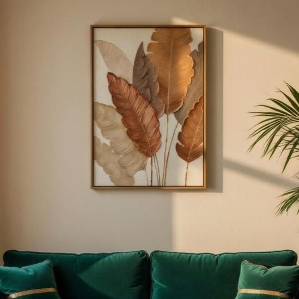 Image of Livin'luxe Minimalist Botanical Leaf Wall Painting with Natural Color Synthetic Frame | Modern Beige Leaf Artwork HD UV Laminated MDF Wall Decor | Aesthetic Nature Wall Art for Living Room Bedroom Home