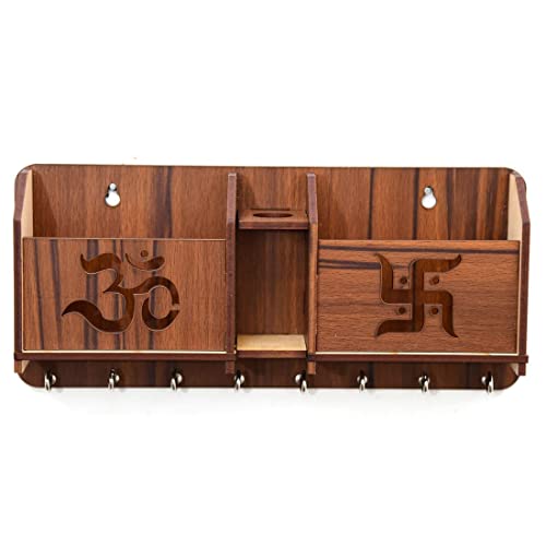 Image of Handcrafted MDF Wood Key Holder with Shelf & Mobile Stand - Wall-Mounted Organizer with 8 Hooks (Traditional)