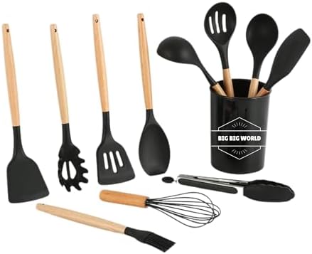طقم أدوات مطبخ سيليكون من بيغ بيغ ورلد، 11 قطعة مع مقابض خشبية – ...