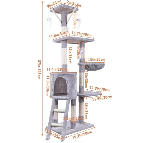 HOMIDEC Cat Tree, 145cm Multi-Level Cat Climbing Tower with Ladder, Indoor Pet Activity Furniture Play House for Kitty Kitten, Grey - Image 4