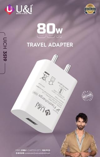Image of U&i 80W Superfast Charger with Type-C Data Cable, Flash Charge, Short Circuit Protection, Temperature Protection, Undervoltage Protection, White