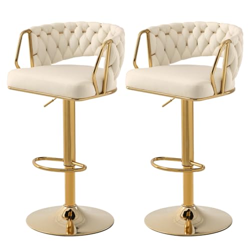 SUPPNEED Juego de 2 taburetes de bar de terciopelo, altura regulable, giratorio 360°, taburete de cocina, taburete para mostrador, con respaldo trenzado a mano, reposapiés dorado, silla de bar para