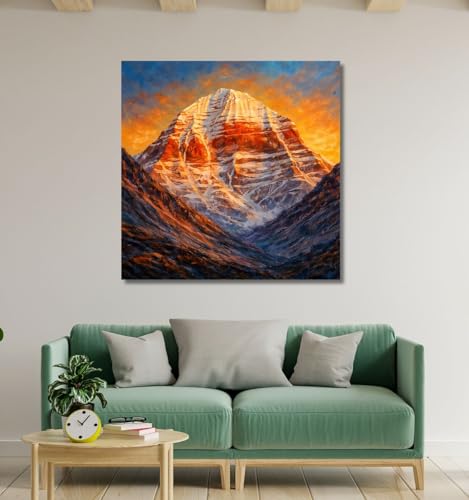Image of Kunj Cart Mount Kailash Painting | 10+ DESIGNS | Kailash Parvat Canvas Painting for Living Room, Temple Home & Office Wall Decoration (Mount Kailash Canvas Painting, 24x24 Inch, Framed)