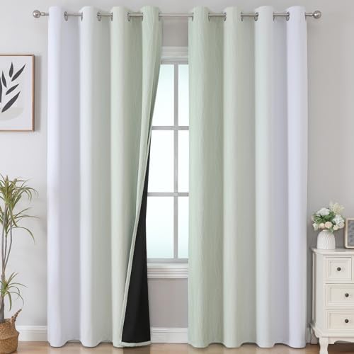 Estelar Textiler Sage Green and Greyish White Ombre Blackout Curtains 90 Inch Length 2 Panels Set, Thermal Insulated Drapes for Bedroom, Full Light Blocking Grommet Curtains for Living Room,52Wx90L