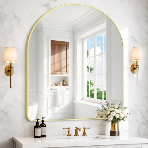 Image of BONEWEI Arched Wall Mirror,36x40 inch Gold Arched Mirror Bathroom,Vanity Mirror for Over Sink Metal Frame,Tempered Glass Arch Mirrors for Bedroom,Entryway,Living Room,Home Decor Shatter-Proof