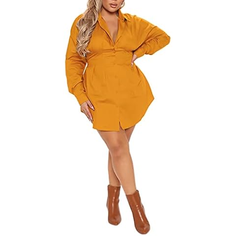 Plus Size Shirt Dress for Women Button Down Sexy Lapel V Neck Long Sleeve Mini Dress Club Outfits Dress, Yellow, 4X-Large Cover