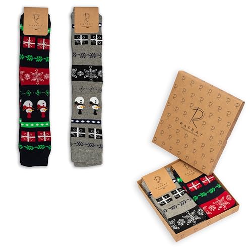 Image of RAFRAY Women's Christmas Socks - Cozy Calf-Length Winter Socks with Snowman & Reindeer - Gift Box - 2 Pairs - Size 5-9.5