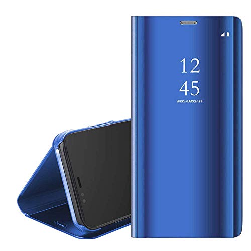 QC-EMART Étui à Rabat pour Samsung Galaxy A12 Coque Effet Brillant Miroir Clear View Cover Housse Portefeuille Style de Livre Flip Case Antichoc 2.0 Version Mise à Jour pour Galaxy A12 Bleu