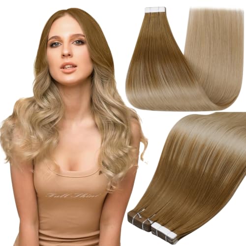 Full Shine Human Hair Tape In Extensions, Chestnut Blonde 12 Inch | 30G 20Pcs, Remy Hair, Seamless Tape Base, Soft Straight Texture, Natural Looking Volume