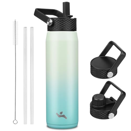 Image of Konokyo 25oz Insulated Stainless Steel Water Bottle with 3 Lids, Leakproof BPA-Free Bottle with Straw Lid, Sip Lid and Flex Cap for Gym, Travel, School, Office, Mint