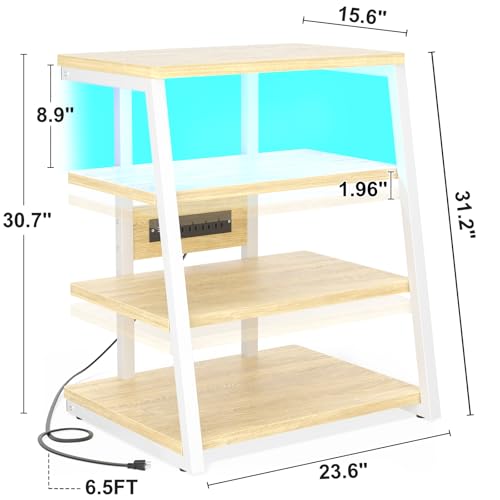 Besiost AV Media Stand with Outlets, Media Console with LED Lights, Stereo Racks and Stands with Storage Shelves, Media Audio Tower Cabinet, Natural Oak and White - Thumbnail 3