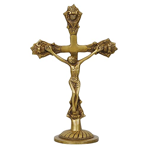 Image of eCraftIndia Golden Brass Jesus Christ Statue | Cross Jesus Statue for Home Office | Gift for Christmas