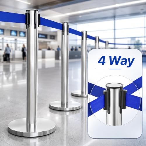 Image of LADWA Q Please (Q Manager), 202 Grade Extendable 2.25 mtr Hook Type Stanchions Barrier Accessories Steel Barricade, Blue Que Manager