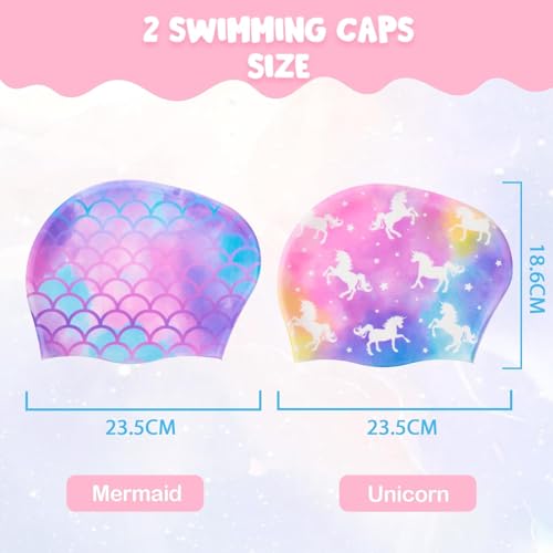Image of 2 Pack Kids Swim Cap Silicone Waterproof Swim Caps for Boys Girls | (3-6 Years) Unicorn Mermaid Design Swimming Cap for Kids 3-6 Long and Short Hair (Mermaid&Unicorn)