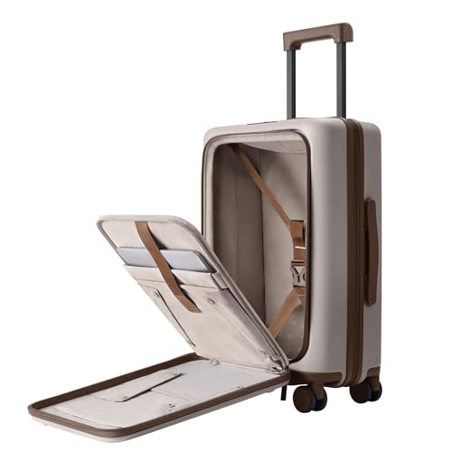 Image of NINETYGO Carry On Luggage 22x14x9 Airline Approved, Top Opening 20 Inch Suitcase with Front Compartment, Expandable, Coffee-Infused PC Shell, Eco-Friendly, Cup Holder, TSA, Spinner Wheels (Flat White)