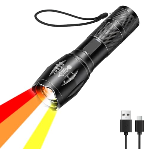 LIAISIMI 4 in 1 LED-Taschenlampe mit rot, gelb, Orange, weißes Licht, Wiederaufladbar,Multifunktionale Taschenlampe mit verstellbarem Fokus Wasserdichte Flashlight 4 Modi(Red+Yellow+Orange+White)