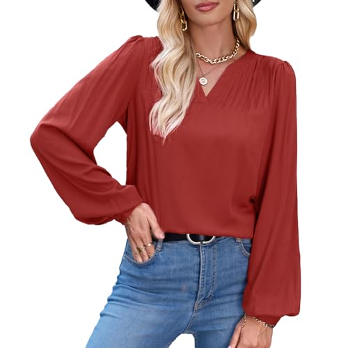 Blusa feminina casual com decote em V, manga comprida plissada, cor pura, ajuste solto, pulôver bási