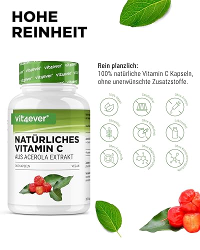vit4ever Natürliches Vitamin C aus Acerola Extrakt - 365 Kapseln - Hochdosiert - Premium Rohstoff - Ohne unerwünschte Zusätze - Vegan