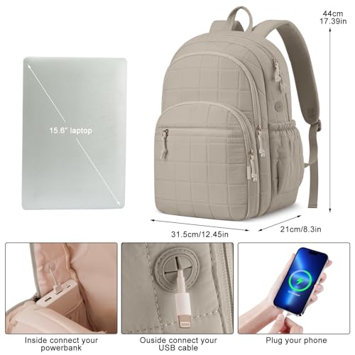 Image of kadilong College Laptop Backpack,Travel Backpack for Women,Quilted Bookbag for 15.6 Inch Laptop Casual Daypack,Camel