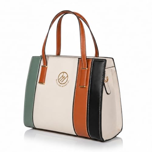 MILLION MONDIAL Damen Handtasche CÉCILE elegante Shopper & Henkeltasche aus Kunstleder Business Tasche mit Magnetverschluss mittelgroße Schultertasche im Colorblock Design (Beige)