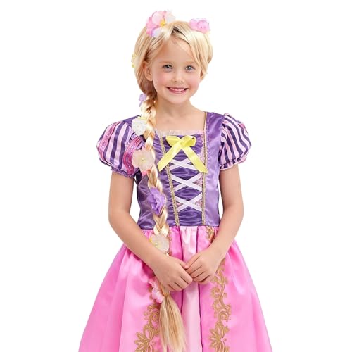picovolca Long Blonde Wigs with Flowers For Kids Blonde Braid Synthetic Princess Costume Cosplay Wig for Halloween Christmas Party Hair