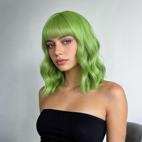 Image of QUEENTAS 14 Inch Short Wavy Green Bob Wig for Women with Bangs Glueless Synthetic Hair Natural Looking for St Patrick's Day Halloween Cosplay