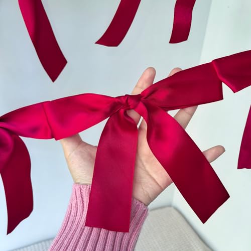 Image of Pre-Assembled Red Bow Garland | Double Side Satin Silk Bow Banner and Extend Ribbon for Coquette Birthday Bridal Shower & Bachelorette Party,Read to Hanging (Red, 6ft)