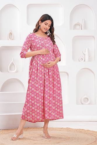 Image of The Moon Star Women's Cotton Floral Printed Anarkali Maternity Feeding Kurti | Breastfeeding Dress for Mothers | Zipper Feeding Kurti,Nursing Kurti, Comfortable and Trendy Maternity Wear