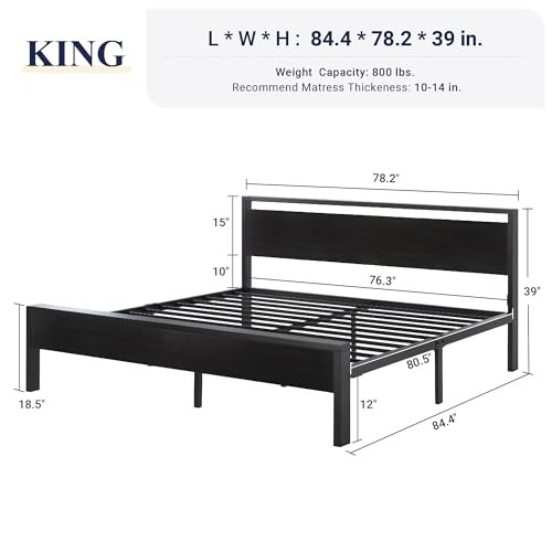 Image of Allewie King Size Bed Frame, Heavy Duty 12 Metal Slats Support, Black Oak