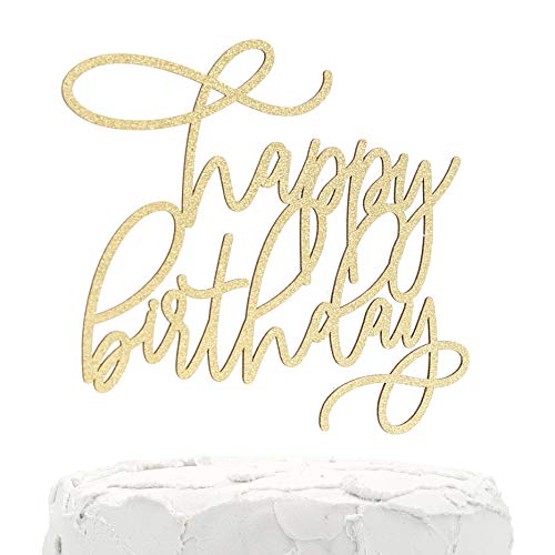NANASUKO Modern Cursive Cake Topper - happy birthday - Double Sided Gold Glitter - Premium Quality Made in USA