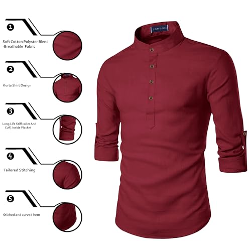 Image of Zombom Men's Cotton Blend Solid Casual Regular Fit Mandarin /Chinese Collor Short Full Sleeve Kurta for Men