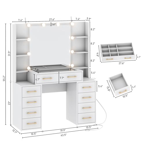 jiteentarou Glass Top Vanity Desk with Mirror and Lights, Large Vanity Makeup Mirror Desk with Charging Station Compartment Storage Drawers, Modern Makeup Vanity with 9 Drawers 6 Shelves, White