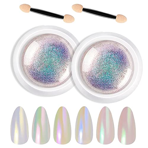 2 Boîtes Effet Sirène Ongle, Poudre Perles Chromées et Coquillages Blancs, Pigments Chrome Magiques Avec Paillettes pour La Décoration Du Design Des Ongles