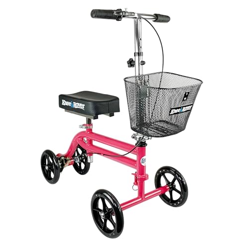 KneeRover Steerable Knee Scooter – Foldable Mobility Aid & Knee Walker with Basket for Adults, Adjustable Handlebar and Comfortable Knee Pad (Hot Pink) by KneeRover - Used condition - US$142.49