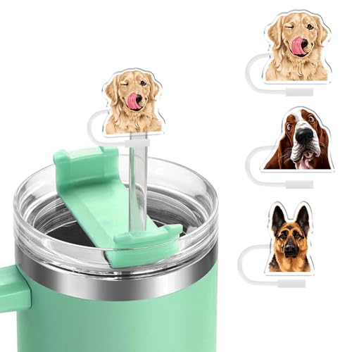 WIRESTER 3pcs Set Drinking Straw Toppers, 10mm Reusable Straw Cover Cap, Cute Accessories - Winking Golden Retriever, Basset Hound, German Shepherd Dog