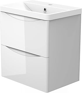 Biubiubath Mueble de baño de 500 mm para colgar en la pared, color blanco brillante, 2 cajones de cierre suave, juego de muebles de baño, paquete plano