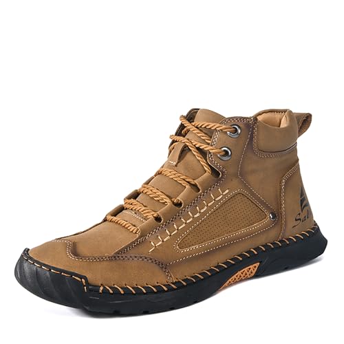 LJAIYI Men's Casual Handmade Leather Boots Fashion Comfortable Arch Support Wide Walking Driving Shoes Non-Slip Outdoor Ankle Boots (Brown,10.5)