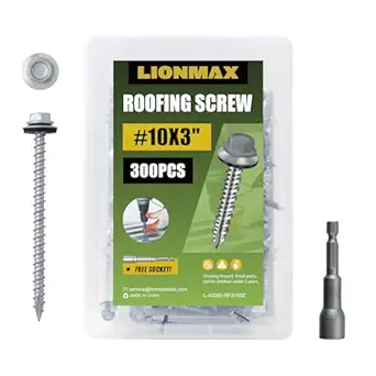 LIONMAX Metal Roofing Screws #10 3 Inch, 300-PCS, Zinc Plated Hex Head Sheet Metal Roof Screws, Rubber Washer, Sharp Point, Metal to Wood Siding Screws, Hex Socket Included