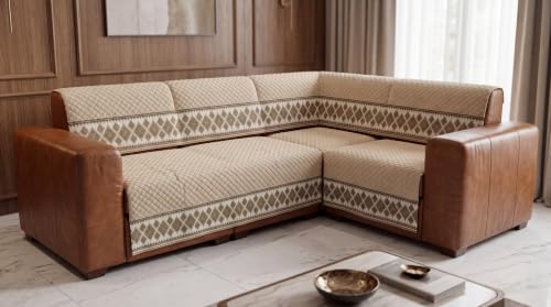 Image of KINGLY L-Shape Sofa Cover 5 Seater 3+2 Velvet Full Cover - Cream Beige | Fully covered quilted velvet slipcover, washable anti-slip furniture protector, L-type corner sofa cover for living room