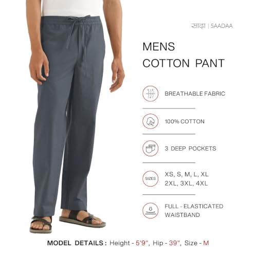 Image of SAADAA Men's 100% Cotton Pants | Mid-Rise Straight Fit Casual Trousers with Elastic Waistband and 3 Pockets | Everyday Wear