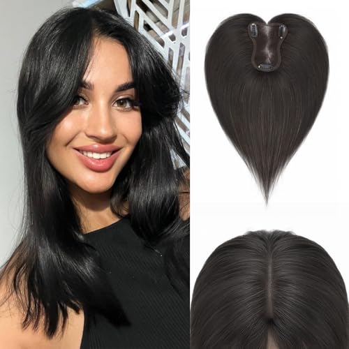 S-noilite Hair Toppers for Women Real Human Hair, 360°3D Cover Clip in Bangs 8 * 11inch Handmade Base Human Hair Topper with Side Bangs(Jet Black,11Inch)