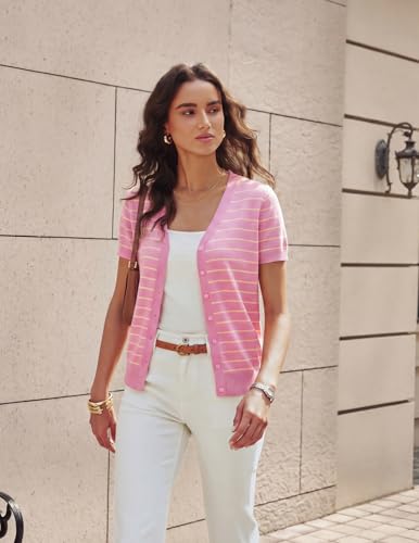 GRACE KARIN Short Sleeve Striped Cardigan Button Down Sweaters for Women V Neck Summer Summer Outfits (Pink Yellow Stripe,M) — view 5