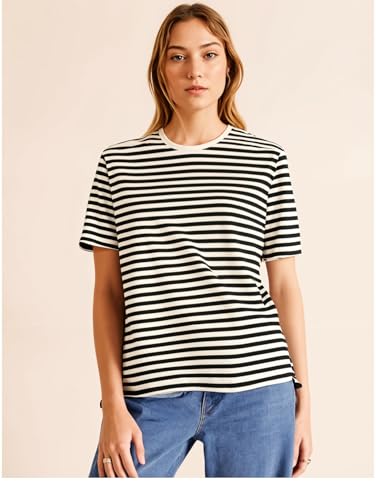 Image of Mack Jonney Oversized | Loose Fit | Half Sleeves 100% Cotton Round Neck Striped T-Shirt for WOMEN-MACK640558