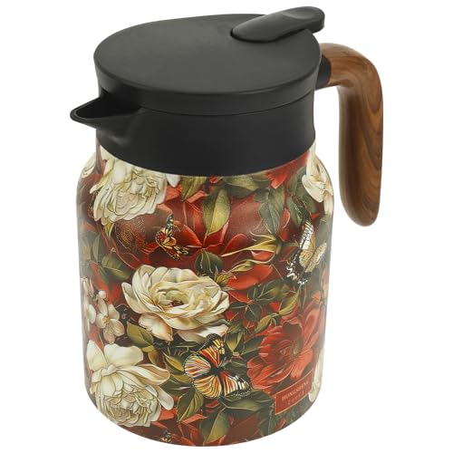 Fxvhojq Stainless Steel Insulated Tea Pot 1000 ml/33.82 oz Vintage Flower Pattern Tea Kettle with Wood Handle and Built in Infuser for Home Office(Gules,1)