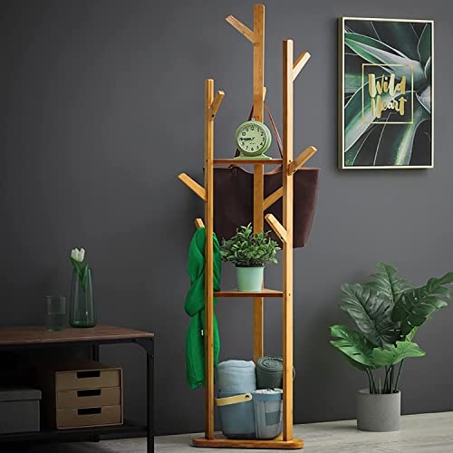 Image of Ash & Roh Natural Wooden Coat Rack Stand With Hooks Adjustable Height, Easy Assembly, Sturdy Solid Base for Coats, Hats, Handbags Entryway, Hallway, Bedroom, Office (Beige, 92-5)